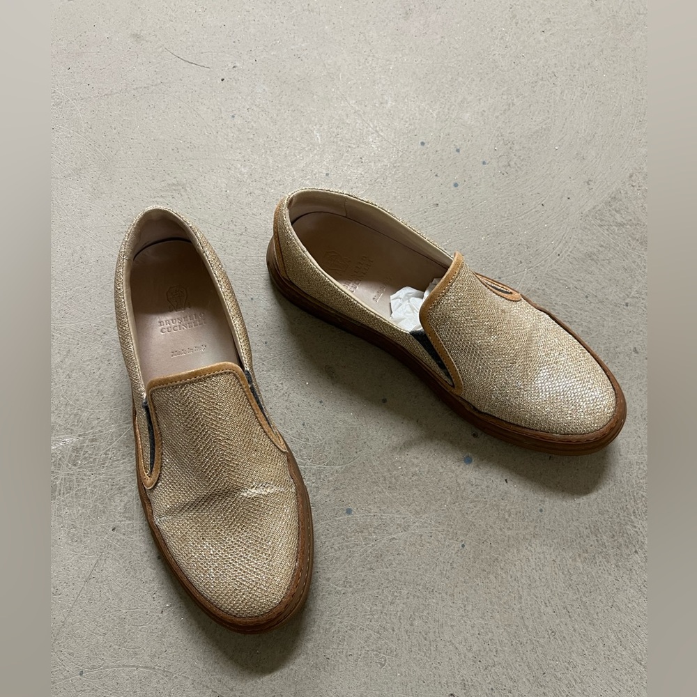 Brunello Cucinelli Woven Slip-On Loafers in Natural Golden Beige Womens 8